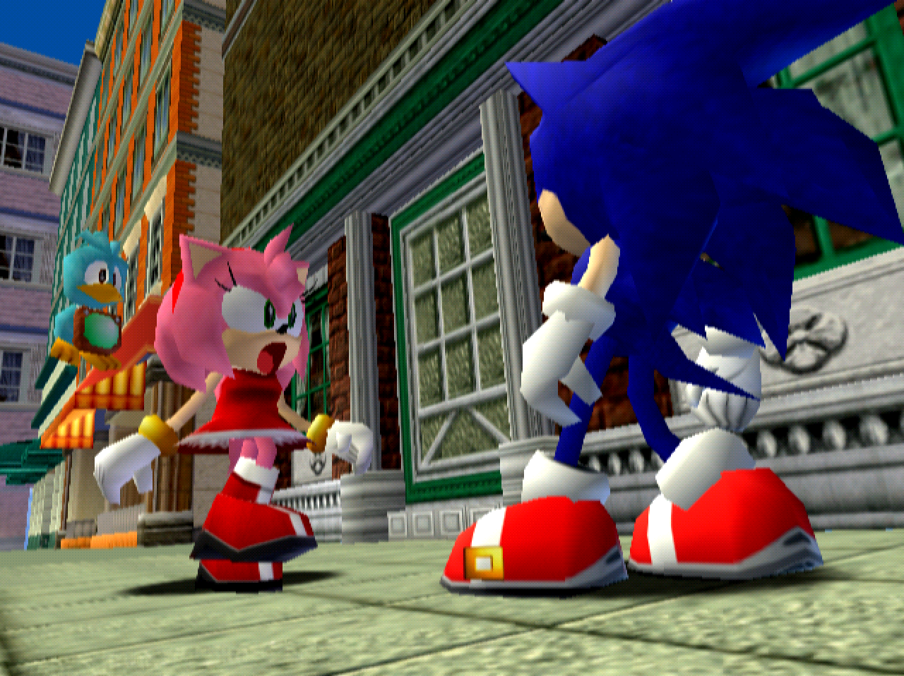 Sonic Adventure screenshot: stylized 3d, third-person, no outlines, soft gradient (character, environment, cutscene)