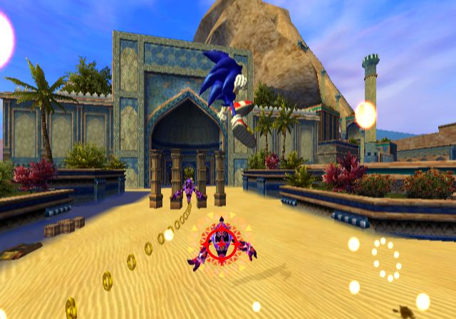 Sonic and the Secret Rings screenshot: stylized 3d, third-person, no outlines, soft gradient (environment, character, combat)