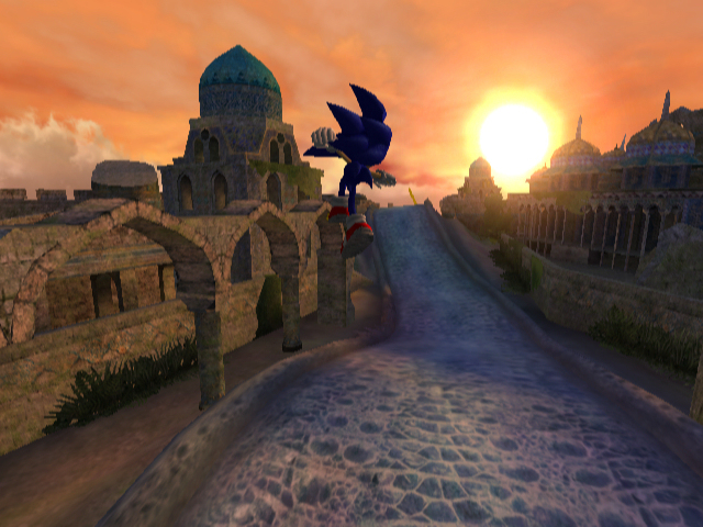 Sonic and the Secret Rings screenshot: stylized 3d, third-person, no outlines, soft gradient (environment, character)
