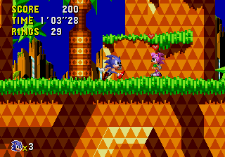 Sonic CD screenshot: pixel art, side-scrolling, colored outlines, dithered shading (environment, character)
