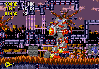 Sonic CD screenshot: pixel art, side-scrolling, colored outlines, dithered shading (environment, character, combat)