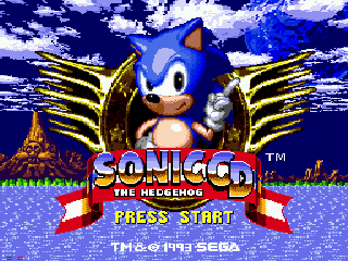 Sonic CD screenshot: pixel art, side-scrolling, colored outlines, dithered shading (ui / menu)