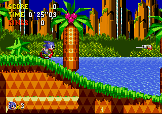 Sonic CD screenshot: pixel art, side-scrolling, colored outlines, dithered shading (environment, character)