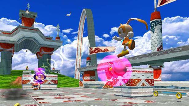 Sonic Heroes screenshot: stylized 3d, third-person, no outlines, soft gradient (environment, character, combat)