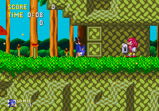 Sonic & Knuckles screenshot: pixel art, side-scrolling, colored outlines, dithered shading (environment, character, cutscene)