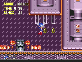 Sonic & Knuckles screenshot: pixel art, side-scrolling, colored outlines, dithered shading (environment, combat)