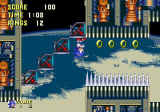 Sonic & Knuckles screenshot: pixel art, side-scrolling, colored outlines, dithered shading (environment, character)