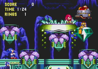 Sonic & Knuckles screenshot: pixel art, side-scrolling, colored outlines, dithered shading (environment, character, cutscene)