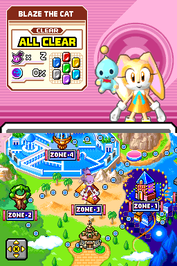 Sonic Rush screenshot: pixel art, stylized 3d, side-scrolling (ui / menu, character)