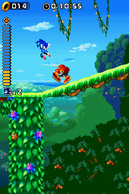 Sonic Rush screenshot: pixel art, stylized 3d, side-scrolling (environment, combat)