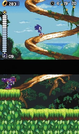Sonic Rush screenshot: pixel art, stylized 3d, side-scrolling (environment, character)