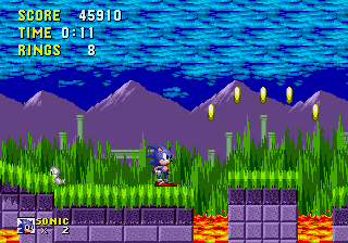 Sonic the Hedgehog screenshot: pixel art, side-scrolling, colored outlines, dithered shading (environment)