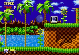 Sonic the Hedgehog screenshot: pixel art, side-scrolling, colored outlines, dithered shading (environment)