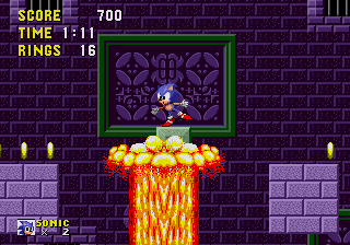 Sonic the Hedgehog screenshot: pixel art, side-scrolling, colored outlines, dithered shading (environment)