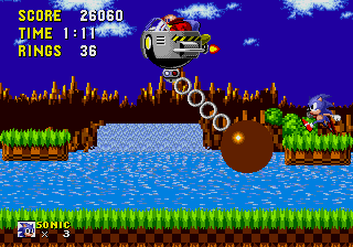 Sonic the Hedgehog screenshot: pixel art, side-scrolling, colored outlines, dithered shading (environment, combat)