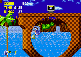 Sonic the Hedgehog screenshot: pixel art, side-scrolling, colored outlines, dithered shading (environment, character)