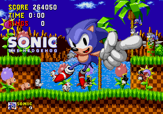 Sonic the Hedgehog screenshot: pixel art, side-scrolling, colored outlines, dithered shading (environment, character, cutscene)