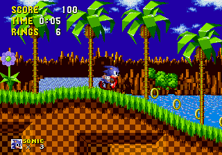 Sonic the Hedgehog screenshot: pixel art, side-scrolling, colored outlines, dithered shading (environment)