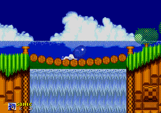 Sonic the Hedgehog screenshot: pixel art, side-scrolling, colored outlines, dithered shading (environment, character)