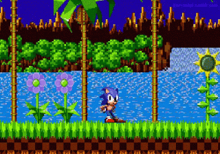 Sonic the Hedgehog screenshot: pixel art, side-scrolling, colored outlines, dithered shading (environment, character)