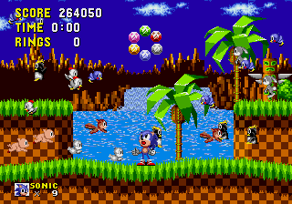 Sonic the Hedgehog screenshot: pixel art, side-scrolling, colored outlines, dithered shading (environment, cutscene)