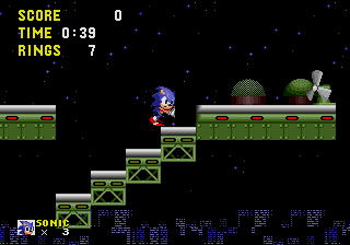 Sonic the Hedgehog screenshot: pixel art, side-scrolling, colored outlines, dithered shading (environment)