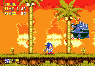 Sonic the Hedgehog 3 screenshot: pixel art, side-scrolling, selective outlines, baked lighting (environment, combat)