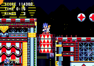 Sonic the Hedgehog 3 screenshot: pixel art, side-scrolling, selective outlines, baked lighting (environment)
