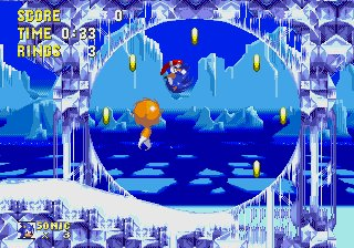 Sonic the Hedgehog 3 screenshot: pixel art, side-scrolling, selective outlines, baked lighting (environment)