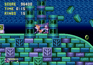 Sonic the Hedgehog 3 screenshot: pixel art, side-scrolling, selective outlines, baked lighting (environment)
