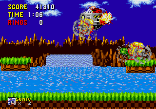Sonic the Hedgehog screenshot: pixel art, side-scrolling, colored outlines, dithered shading (environment, combat)
