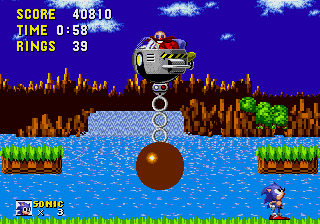 Sonic the Hedgehog screenshot: pixel art, side-scrolling, colored outlines, dithered shading (environment, combat)