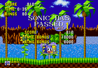 Sonic the Hedgehog screenshot: pixel art, side-scrolling, colored outlines, dithered shading (environment, ui / menu)