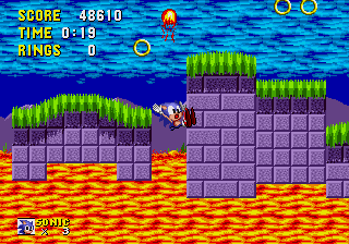 Sonic the Hedgehog screenshot: pixel art, side-scrolling, colored outlines, dithered shading (environment)