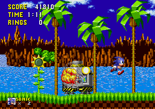 Sonic the Hedgehog screenshot: pixel art, side-scrolling, colored outlines, dithered shading (environment, combat)