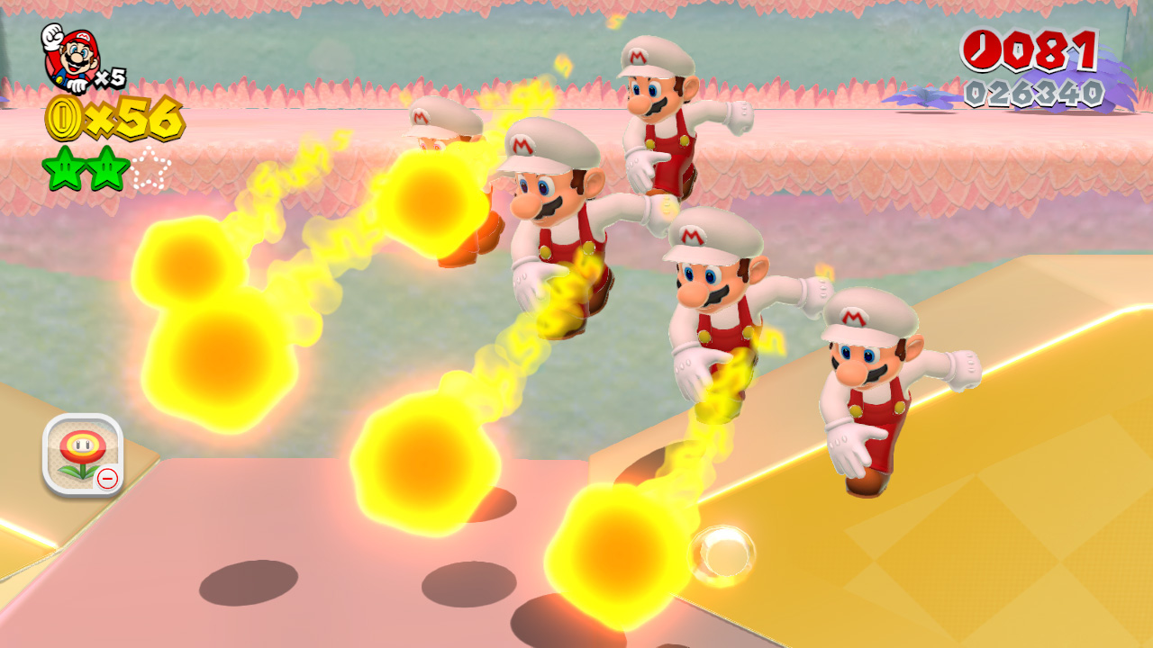 Super Mario 3D World screenshot: stylized 3d, third-person, three-quarter, no outlines, soft gradient (environment, character, combat)