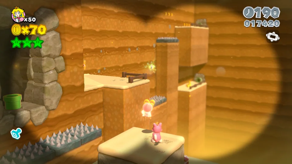 Super Mario 3D World screenshot: stylized 3d, third-person, three-quarter, no outlines, soft gradient (environment)