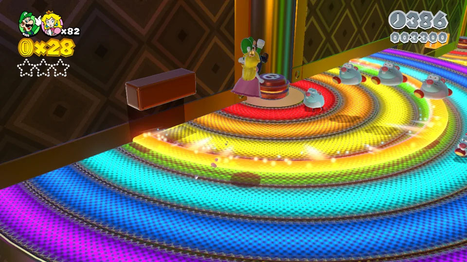 Super Mario 3D World screenshot: stylized 3d, third-person, three-quarter, no outlines, soft gradient (environment)