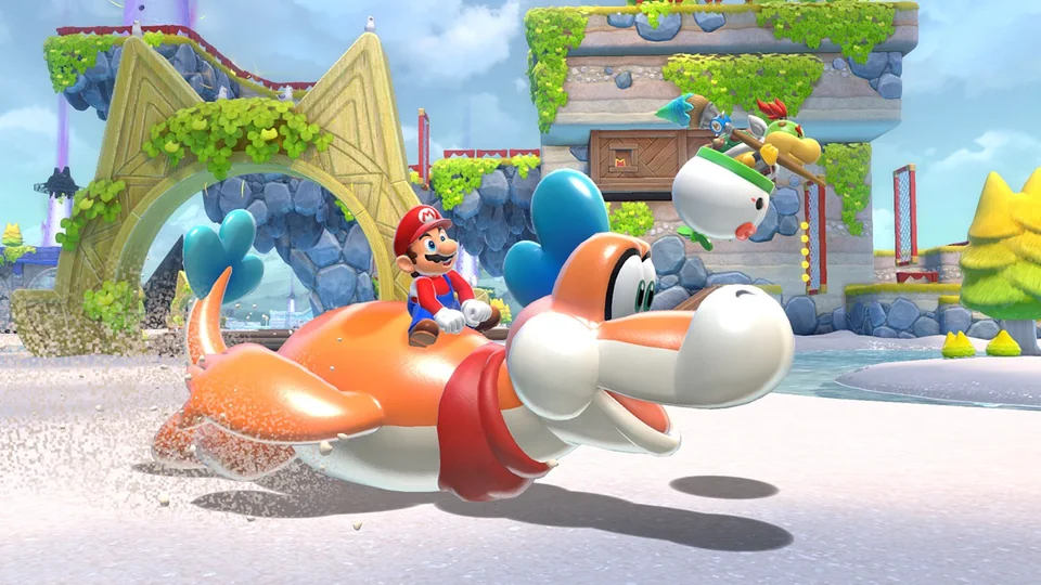 Super Mario 3D World + Bowser's Fury screenshot: stylized 3d, third-person, three-quarter, no outlines, soft gradient (character)