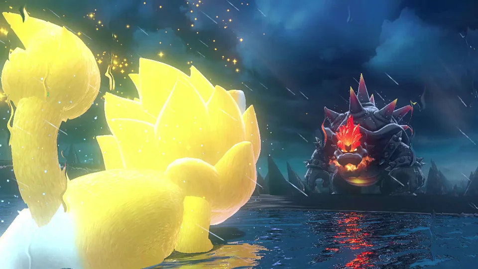 Super Mario 3D World + Bowser's Fury screenshot: stylized 3d, third-person, three-quarter, no outlines, soft gradient (combat, character)