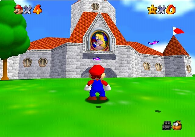 Super Mario 64 screenshot: low-poly, third-person, no outlines, soft gradient (environment, character)