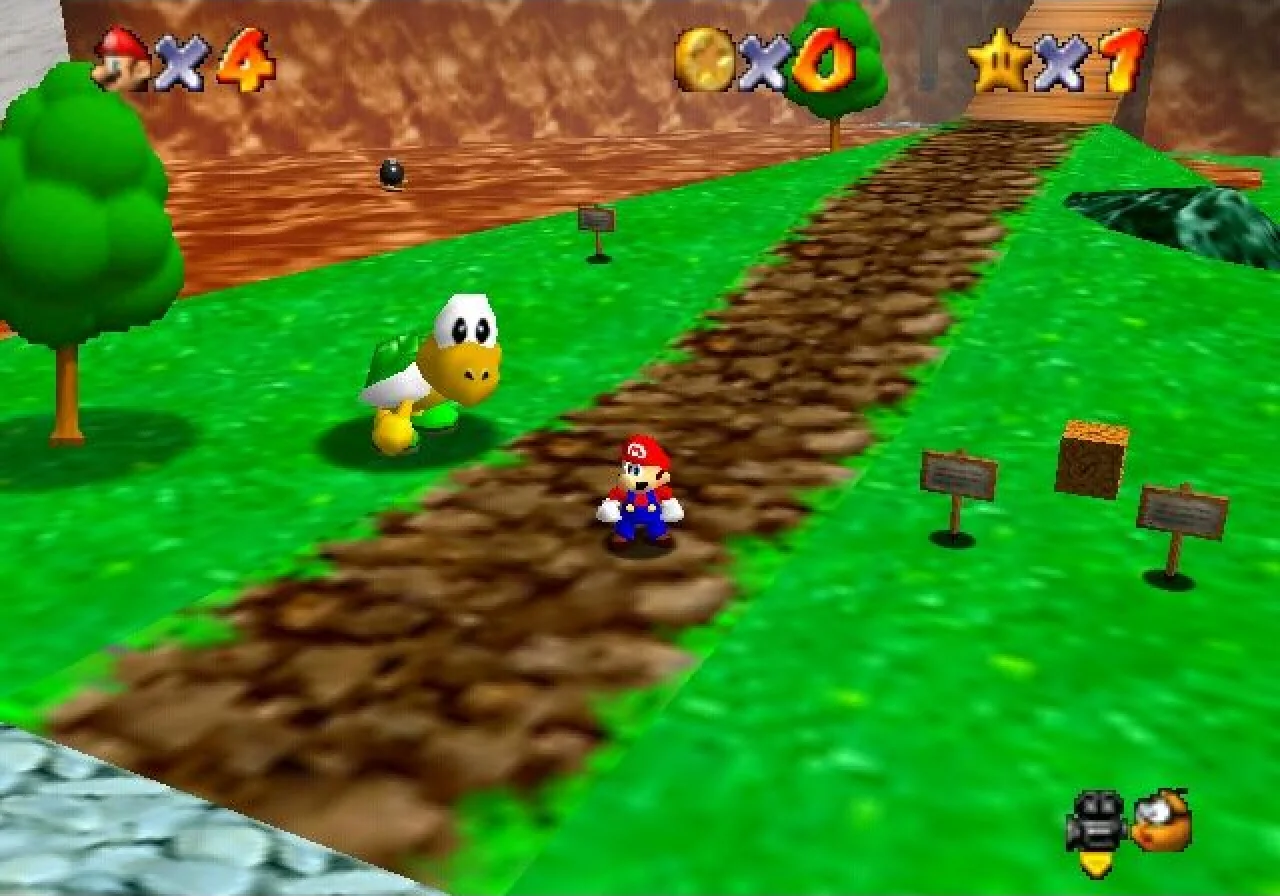 Super Mario 64 screenshot: low-poly, third-person, no outlines, soft gradient (environment, character)