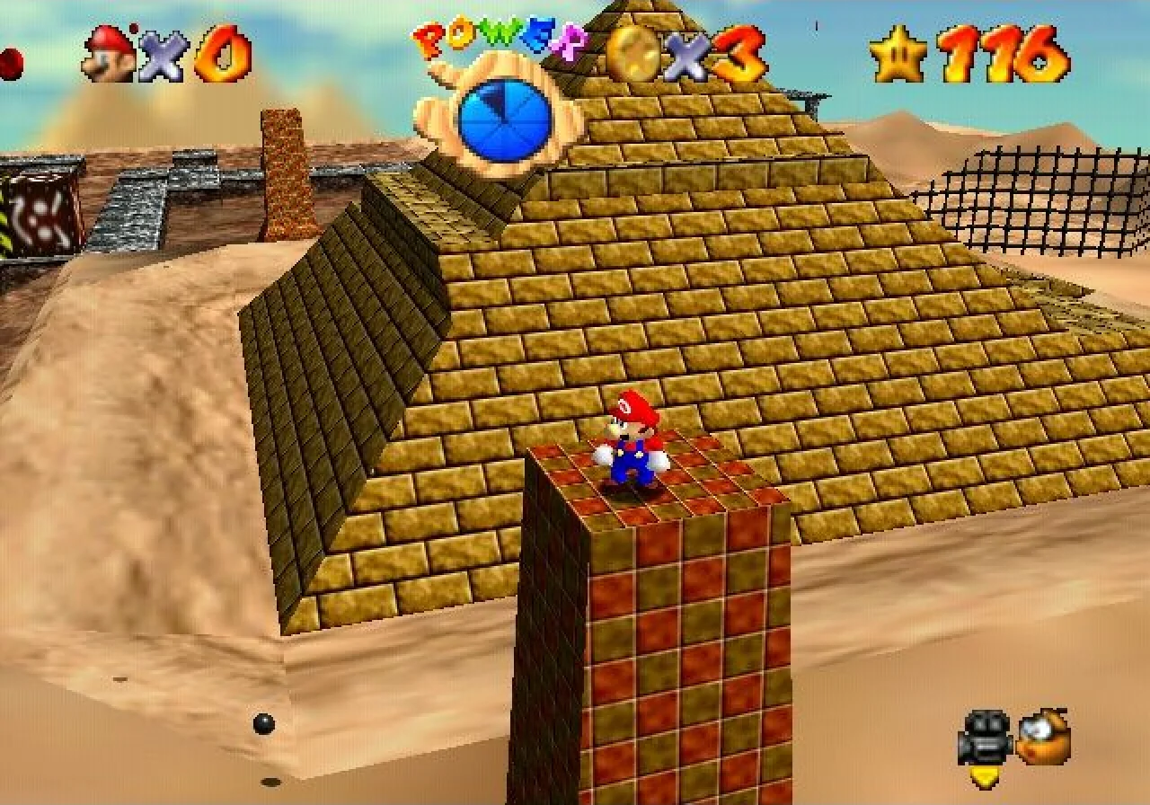 Super Mario 64 screenshot: low-poly, third-person, no outlines, soft gradient (environment)