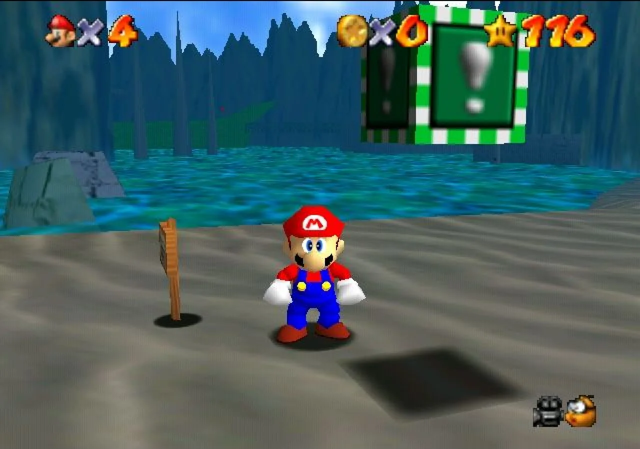 Super Mario 64 screenshot: low-poly, third-person, no outlines, soft gradient (environment, character)