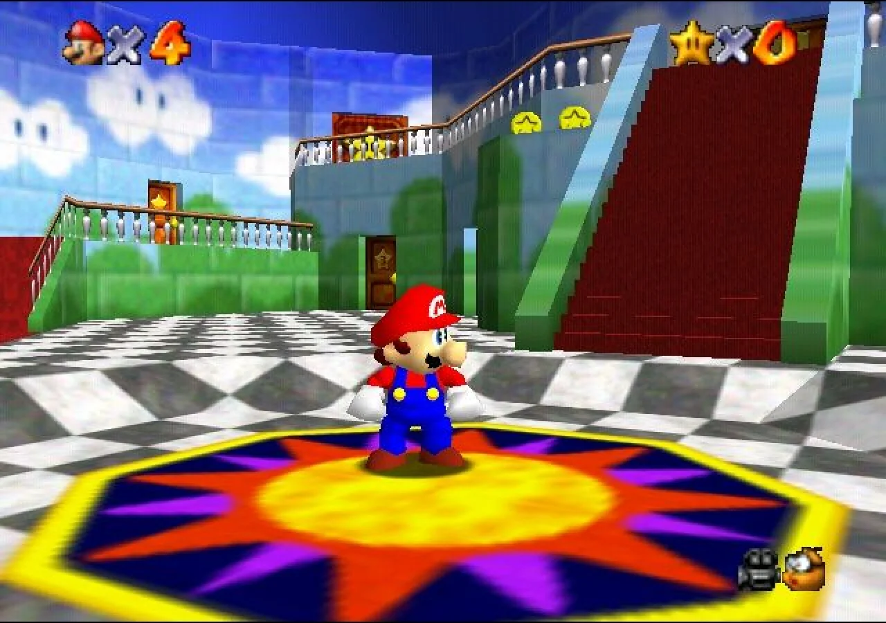 Super Mario 64 screenshot: low-poly, third-person, no outlines, soft gradient (environment, character)