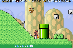 Super Mario Advance 4: Super Mario Bros. 3 screenshot: pixel art, side-scrolling, black outlines, dithered shading (environment)