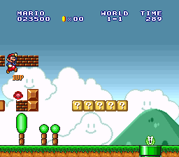 Super Mario All-Stars screenshot: pixel art, side-scrolling, black outlines, baked lighting (environment)