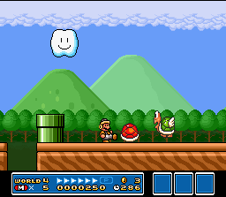 Super Mario All-Stars screenshot: pixel art, side-scrolling, black outlines, baked lighting (combat)