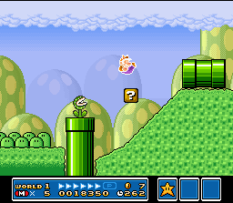 Super Mario All-Stars + Super Mario World screenshot: pixel art, side-scrolling, black outlines (environment, combat)