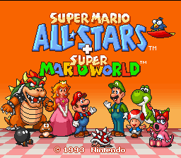 Super Mario All-Stars + Super Mario World screenshot: pixel art, side-scrolling, black outlines (ui / menu)